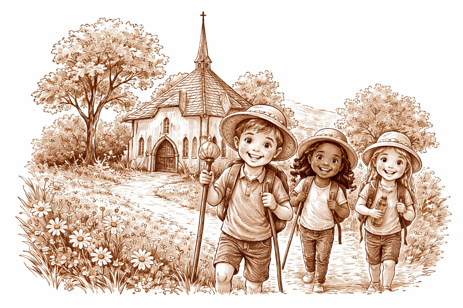 Kinder wandern zur Kapelle